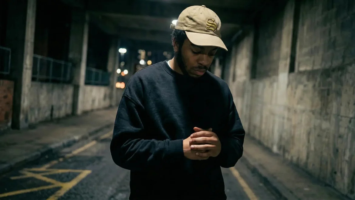 Dj Cuest wearing a tan hat and black sweatshirt in a dimly lit alleyway.