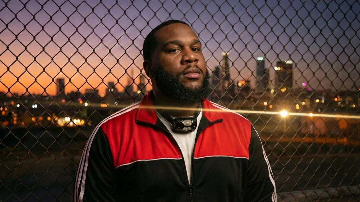 Don Deon wearing a red and black track jacket standing in front of a chain-link fence during sunset.