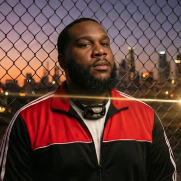 Don Deon wearing a red and black track jacket standing in front of a chain-link fence during sunset.