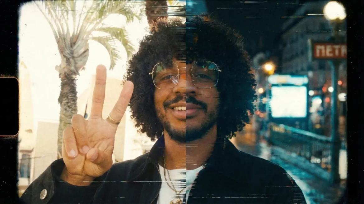 Jahron Luis split screen visual for Worldwide single showing sunny palm trees and Paris night.