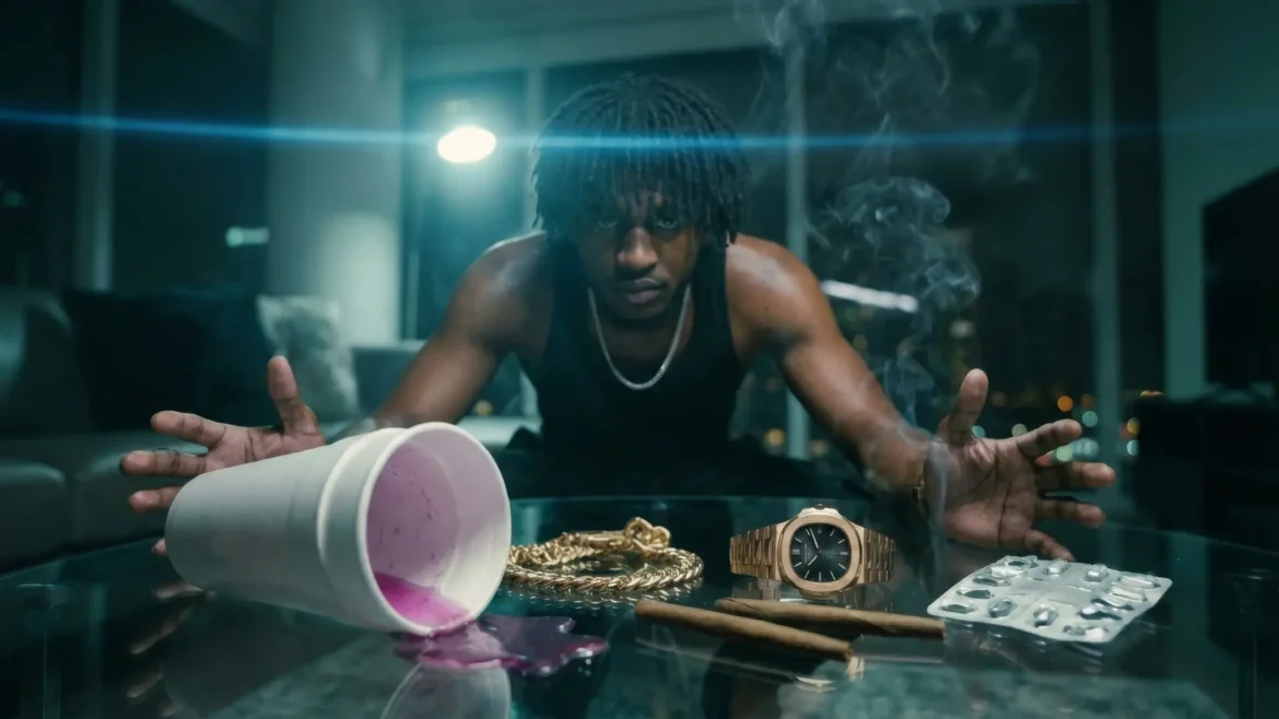 MBN Nito leaning over a glass table with a spilled styrofoam cup, pills, and a gold watch.
