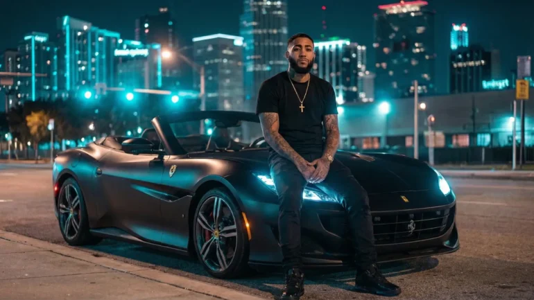 Nick Rob sitting on the hood of a matte black Ferrari at night with city skyline lights.