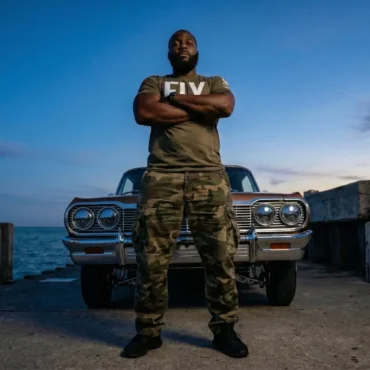 Rapper Roar Taylor standing with arms crossed in front of a classic brown car at dusk near a lake.