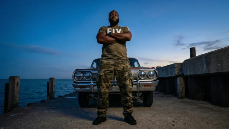 Rapper Roar Taylor standing with arms crossed in front of a classic brown car at dusk near a lake.