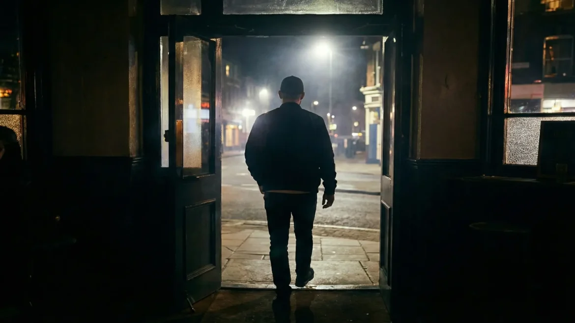 A man in a jacket and cap walking out of a dark pub into a misty street at night.