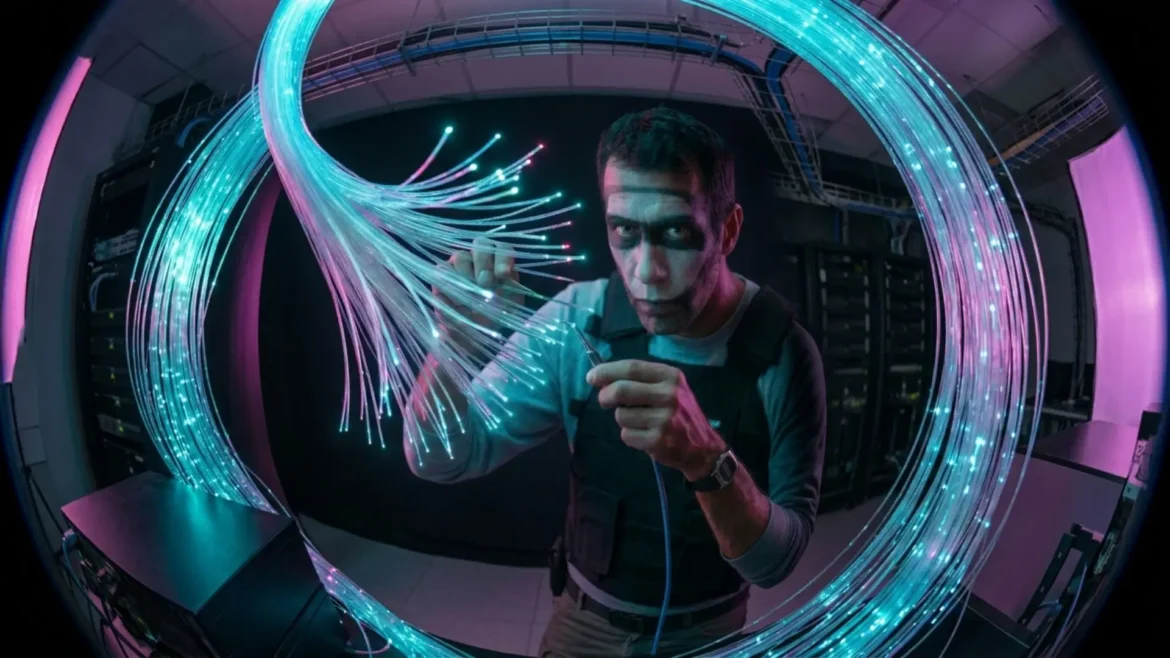 A man with dark face paint holding glowing blue fiber optic cables in a server room.