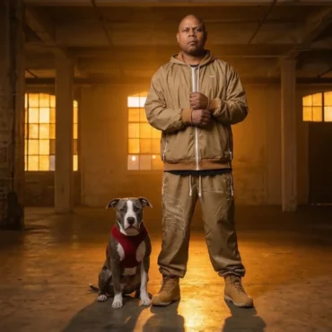 Day Day wearing tan Nike sportswear standing with a pit bull dog in an industrial warehouse.