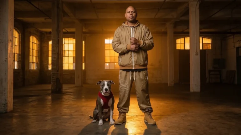 Day Day wearing tan Nike sportswear standing with a pit bull dog in an industrial warehouse.