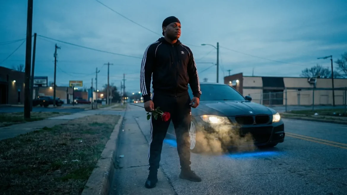 Rese2Real standing in the street holding a red rose next to a car.