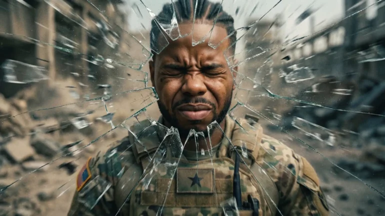 A soldier in a camouflage uniform stands behind shattered glass with his eyes closed in a war-torn setting.