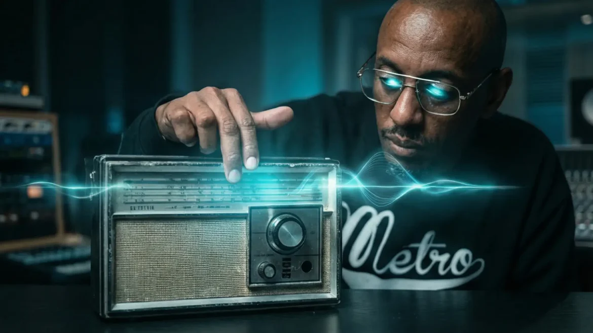 Trashcan Willie adjusting a vintage radio with glowing blue soundwaves.