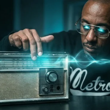 Trashcan Willie adjusting a vintage radio with glowing blue soundwaves.