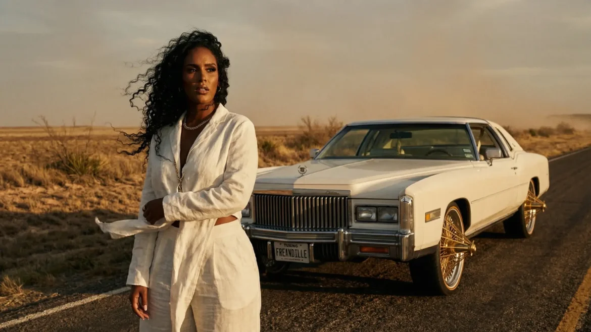 Jada Tha Slaya standing on a desert highway next to a classic white Cadillac with gold wire wheels.