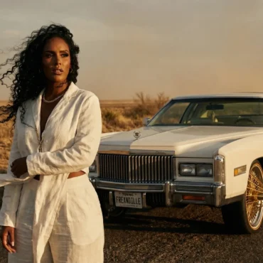 Jada Tha Slaya standing on a desert highway next to a classic white Cadillac with gold wire wheels.