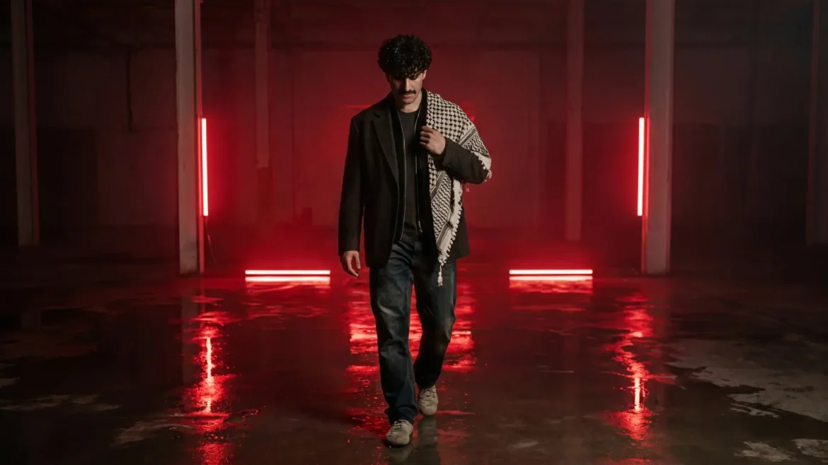 Dr Koul walking in a red neon lit warehouse wearing a keffiyeh.