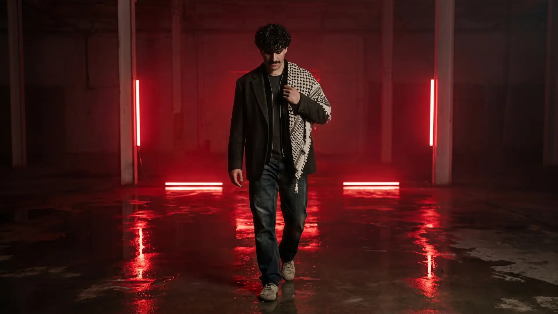 Dr Koul walking in a red neon lit warehouse wearing a keffiyeh.