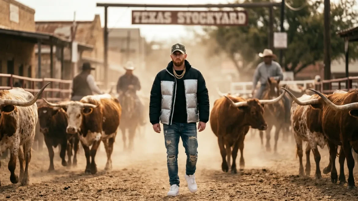 A man in a silver puffer jacket walking with longhorn cattle at the Texas Stockyard.
