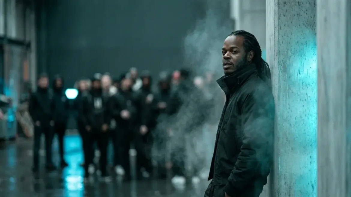 Musician Kush Dinero leaning against a concrete wall outdoors with a crowd of people standing behind him in a misty urban environment.