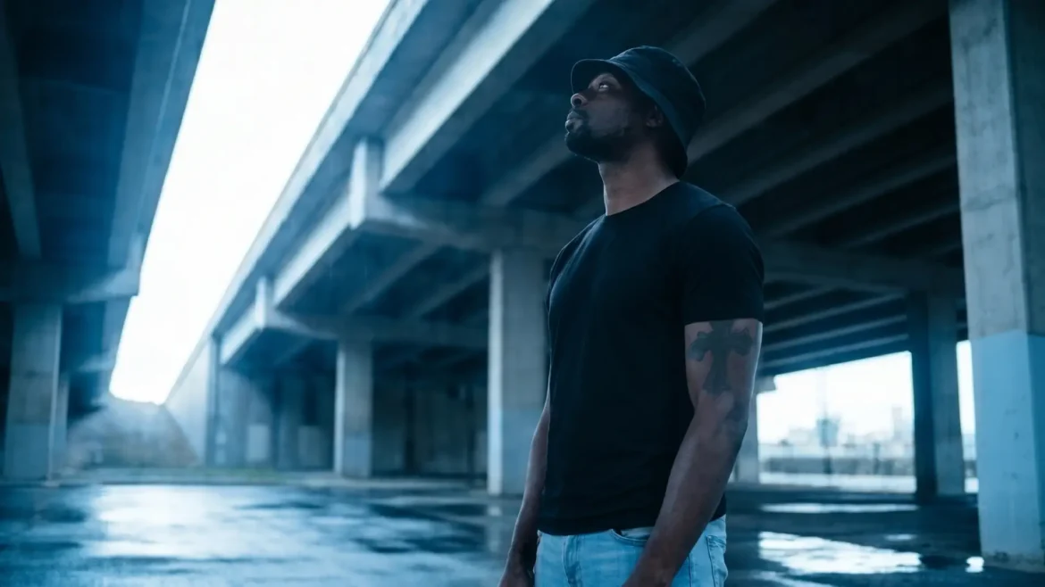 Hip-hop artist standing outside under a large concrete highway bridge looking up toward the sky.
