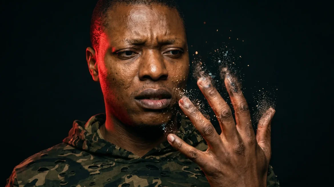 Close up photo of Micheal Ighodaro looking down at his hand as his fingers turn to dust under a red light.