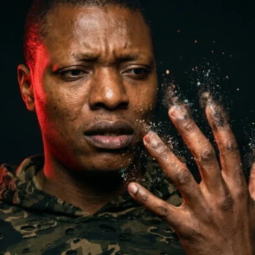 Close up photo of Micheal Ighodaro looking down at his hand as his fingers turn to dust under a red light.