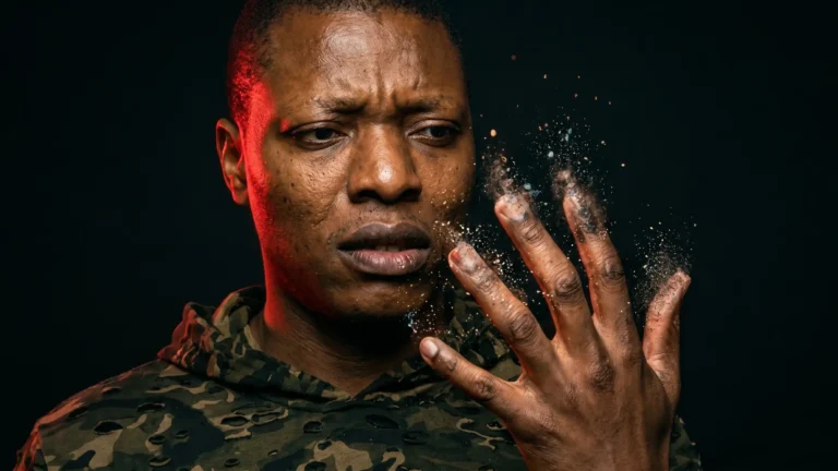 Close up photo of Micheal Ighodaro looking down at his hand as his fingers turn to dust under a red light.