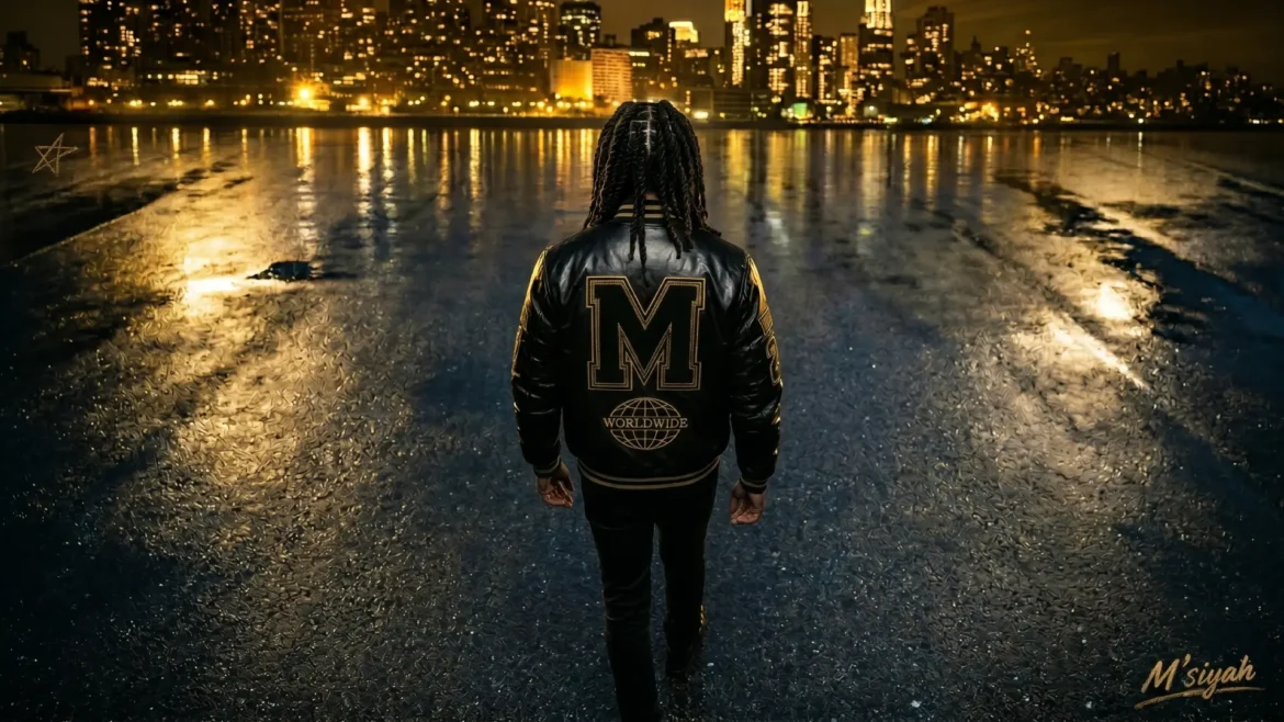 M'siyah from behind wearing a black leather varsity jacket facing a lit New York City skyline at night across the water.