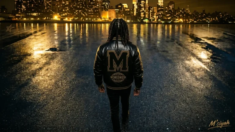 M'siyah from behind wearing a black leather varsity jacket facing a lit New York City skyline at night across the water.
