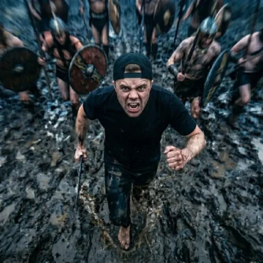Rapper in a black t-shirt and baseball cap charging through a muddy battlefield in front of ancient warriors under heavy rain.