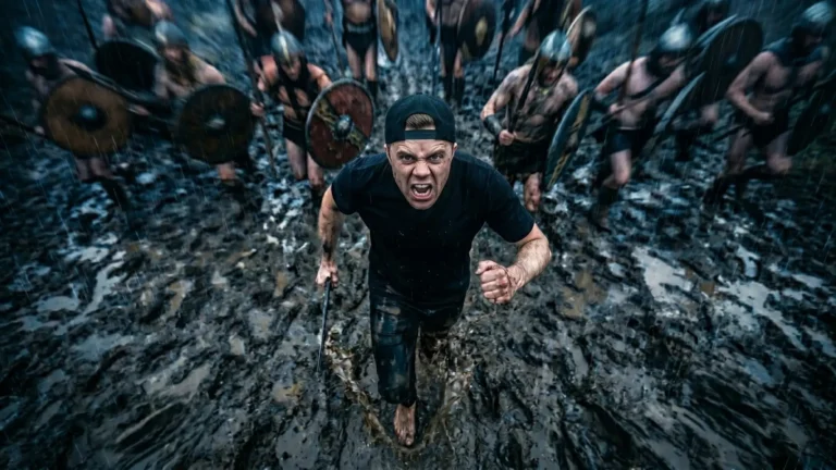 Rapper in a black t-shirt and baseball cap charging through a muddy battlefield in front of ancient warriors under heavy rain.