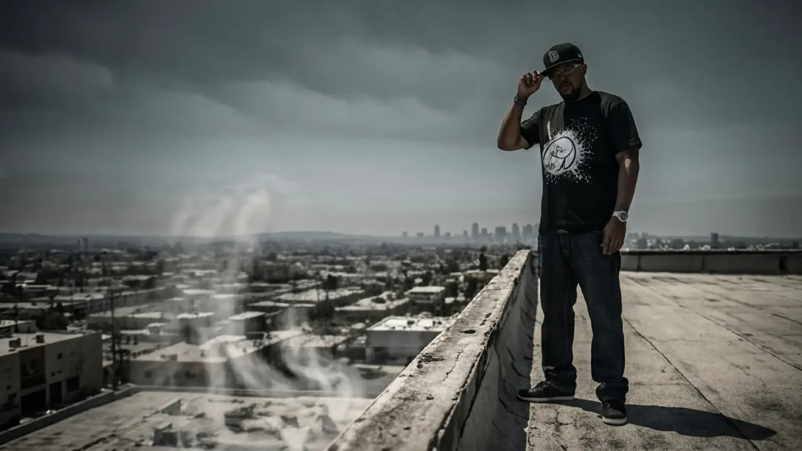 Skytzmatic standing on a concrete rooftop overlooking a city skyline under a dark cloudy sky.