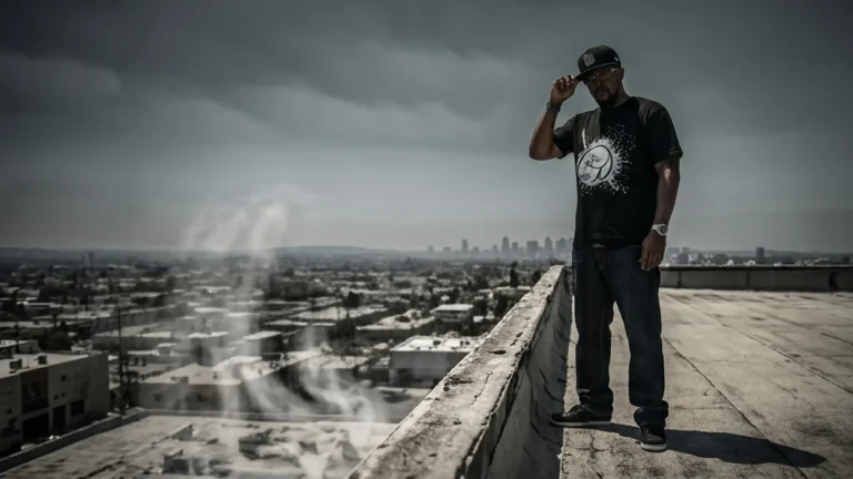 Skytzmatic standing on a concrete rooftop overlooking a city skyline under a dark cloudy sky.
