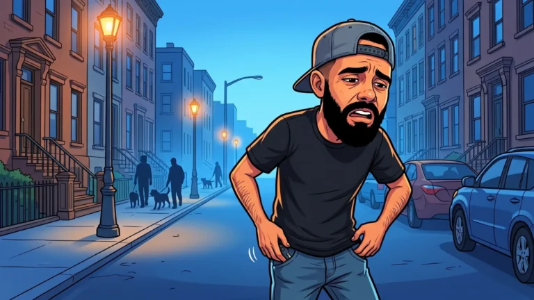 Cartoon illustration of a worried man with a beard and a backwards cap searching his pockets on a city street at dawn while people walk dogs in the background.