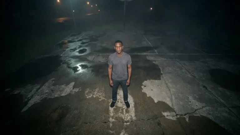 Hip hop artist T. Scales standing in the center of an outdoor concrete basketball court at night under dim streetlights.