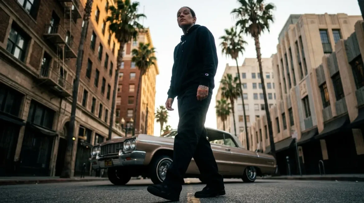 Asab in black hoodie and pants walking a downtown street at dusk past a gold classic car, palm trees and mid-rise buildings lining both sides, artist Asab blicc for "For the Bees, Not the Birds"