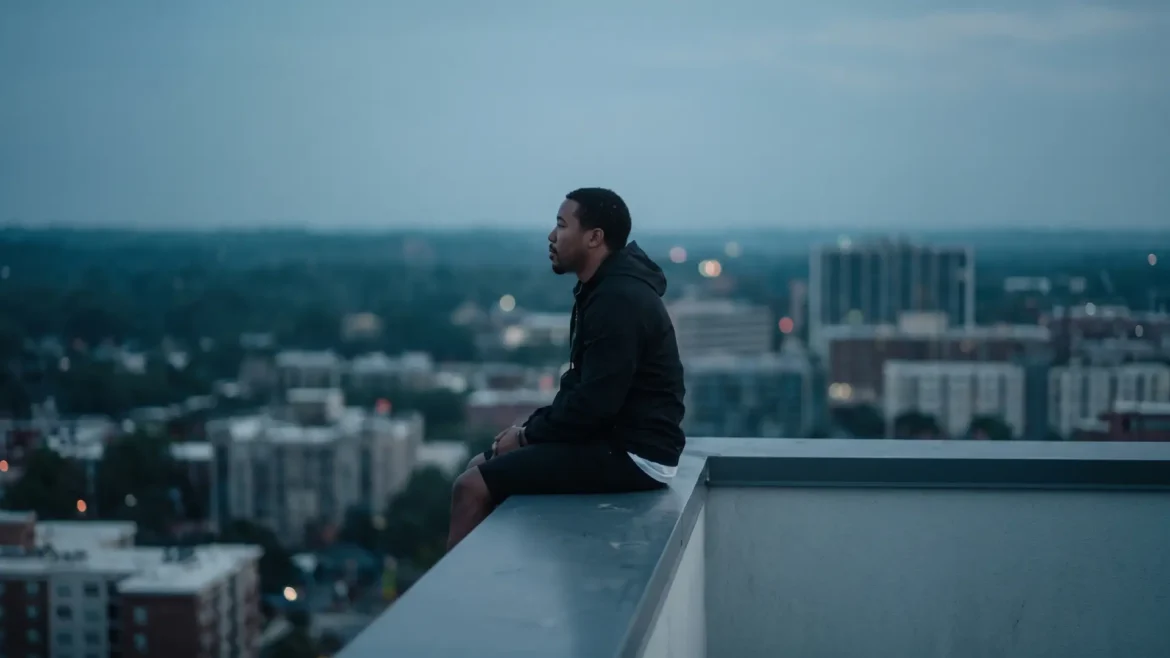 Cartier Casa sitting on a rooftop ledge in a black hooded jacket with a gold chain and a teal crossbody bag, promo photo for "Rich & Important"