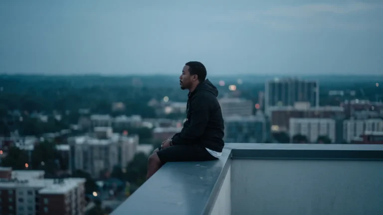 Cartier Casa sitting on a rooftop ledge in a black hooded jacket with a gold chain and a teal crossbody bag, promo photo for "Rich & Important"