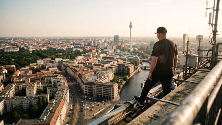 DJ Ernie stands with his back to the camera on a rooftop ledge overlooking the Berlin skyline and TV tower at golden hour, promoting "Slander"