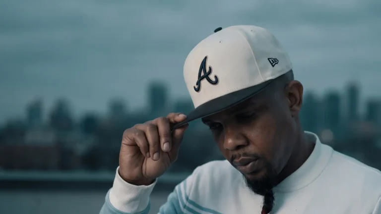 Three-quarter angle shot of E1DON adjusting his cap brim, eyes closed, gaze held down — E1DON "Do Not Disturb"