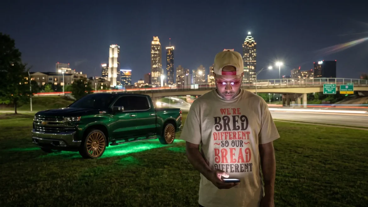 Kaaine, medium full-body shot, front-quarter angle, looking down checking his phone, city skyline behind him, Kaaine "I'M HIM"