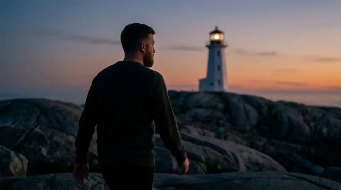 Kid Coffin walking away from camera across dark ice-veined granite boulders toward a lit lighthouse at dusk, dark charcoal crewneck, head turned slightly back over his shoulder