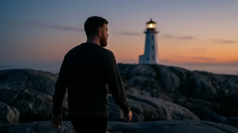 Kid Coffin walking away from camera across dark ice-veined granite boulders toward a lit lighthouse at dusk, dark charcoal crewneck, head turned slightly back over his shoulder