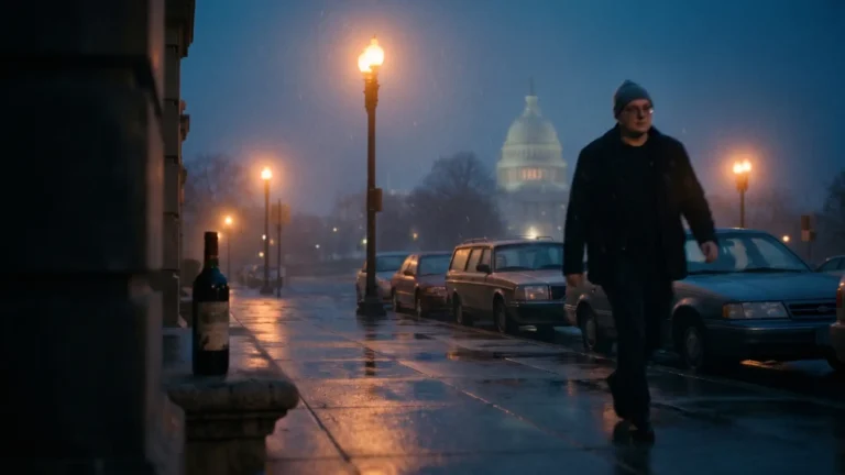 Red Eye Wright walking a rain-soaked DC sidewalk at night, Capitol dome glowing in the fog behind him