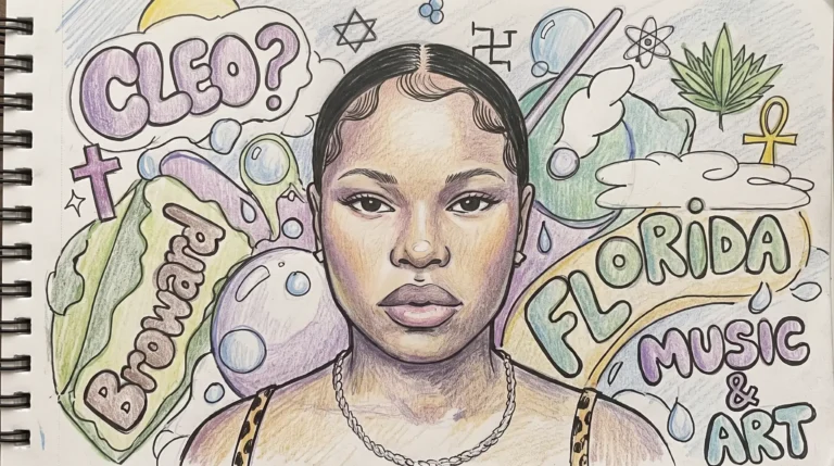 Illustrated portrait of Honeyxbun with symbolic sketches referencing Florida and Broward County, promoting her track "Peepin' Toms"