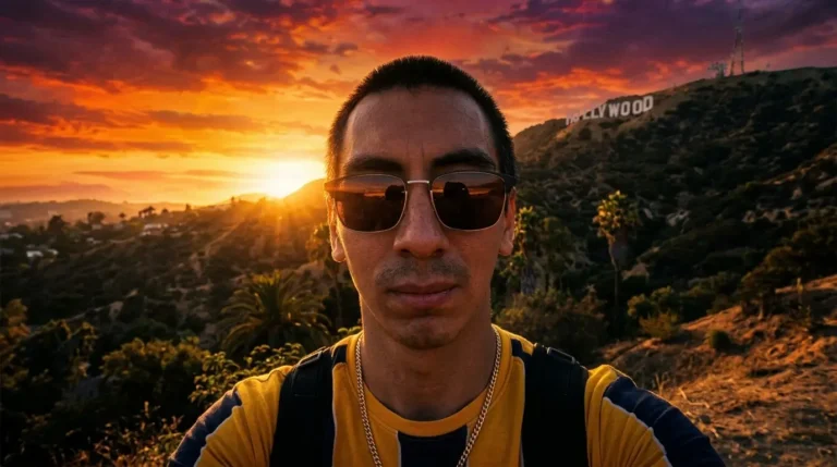 i.i. artist standing outdoors at sunset with the Hollywood sign visible in the background, wearing sunglasses and a striped shirt, promo shot for On my way! by i.i.