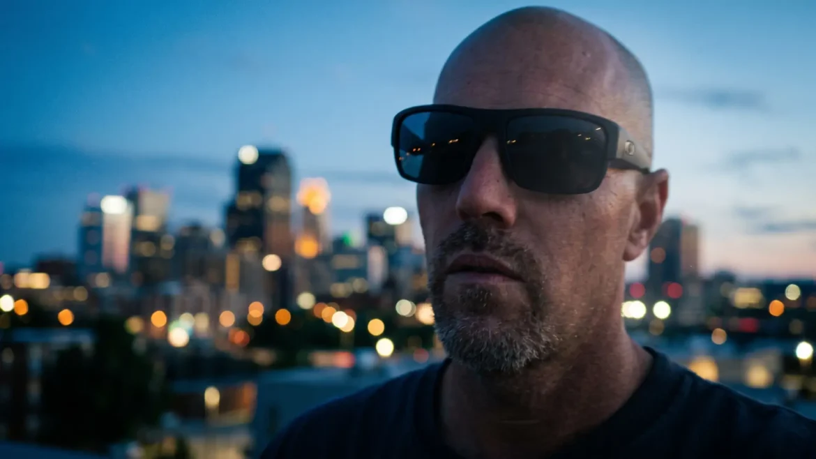 Kristofer Krumholtz, bald with a gray-flecked beard, wearing dark sunglasses and a black shirt, standing on a rooftop at blue hour with the city skyline lit up behind him, for "Reflections"