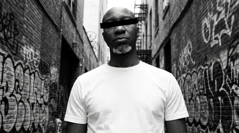 Louis Heaton in a graffiti-covered alley, black and white portrait, eyes covered by a black bar, white t-shirt, promoting "Hip Hop Post Mortem"