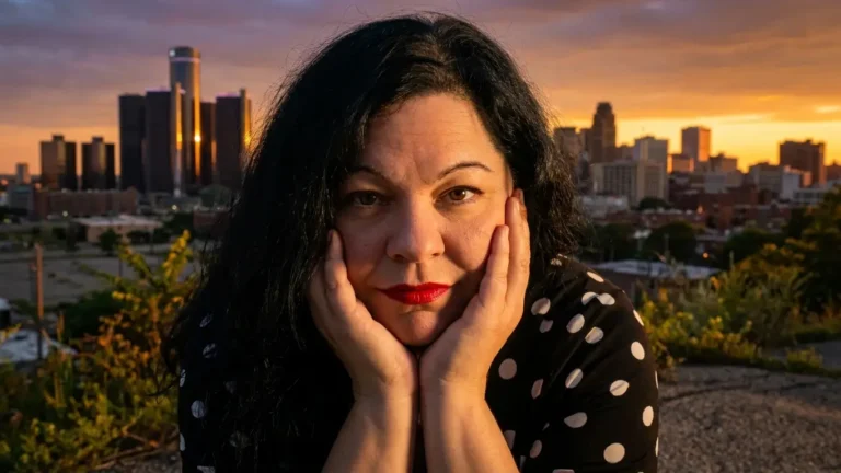 MomoBaby rests her chin in both hands against the Detroit skyline at sunset, promotional photo for "Thanos" with Dank Kastle