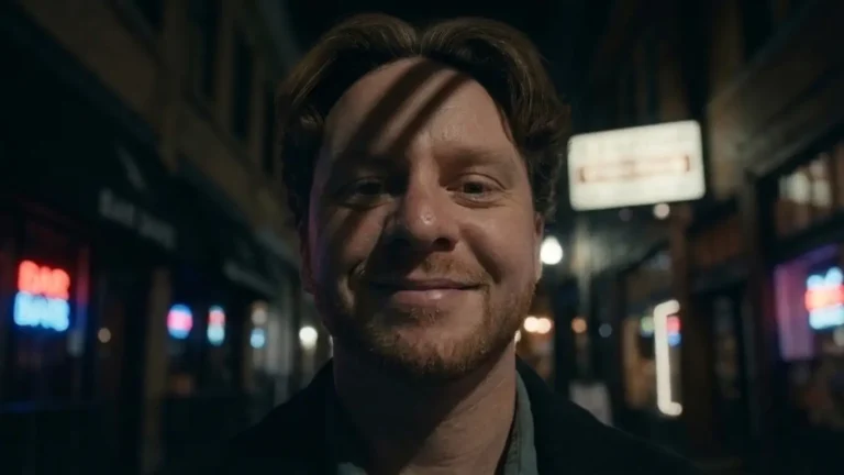 Close-up night street portrait of Aidan Siegel smiling, neon signs blurred in the background, Puma
