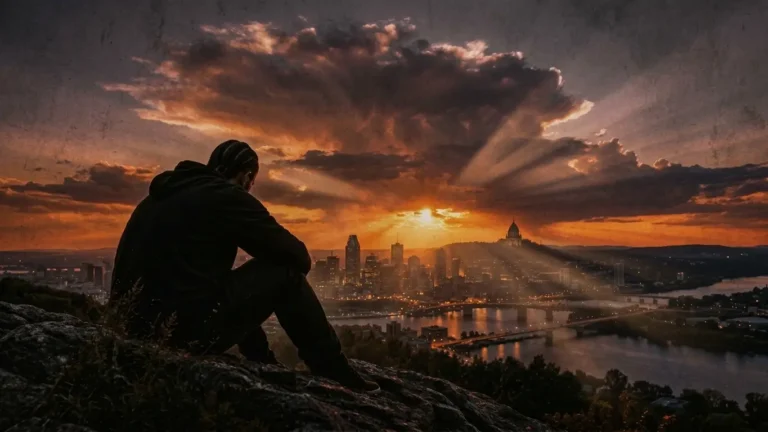 Man in hoodie and beanie sitting on a cliff edge at sunset, back to camera, overlooking a city skyline and river, JCAN, "Tell me"